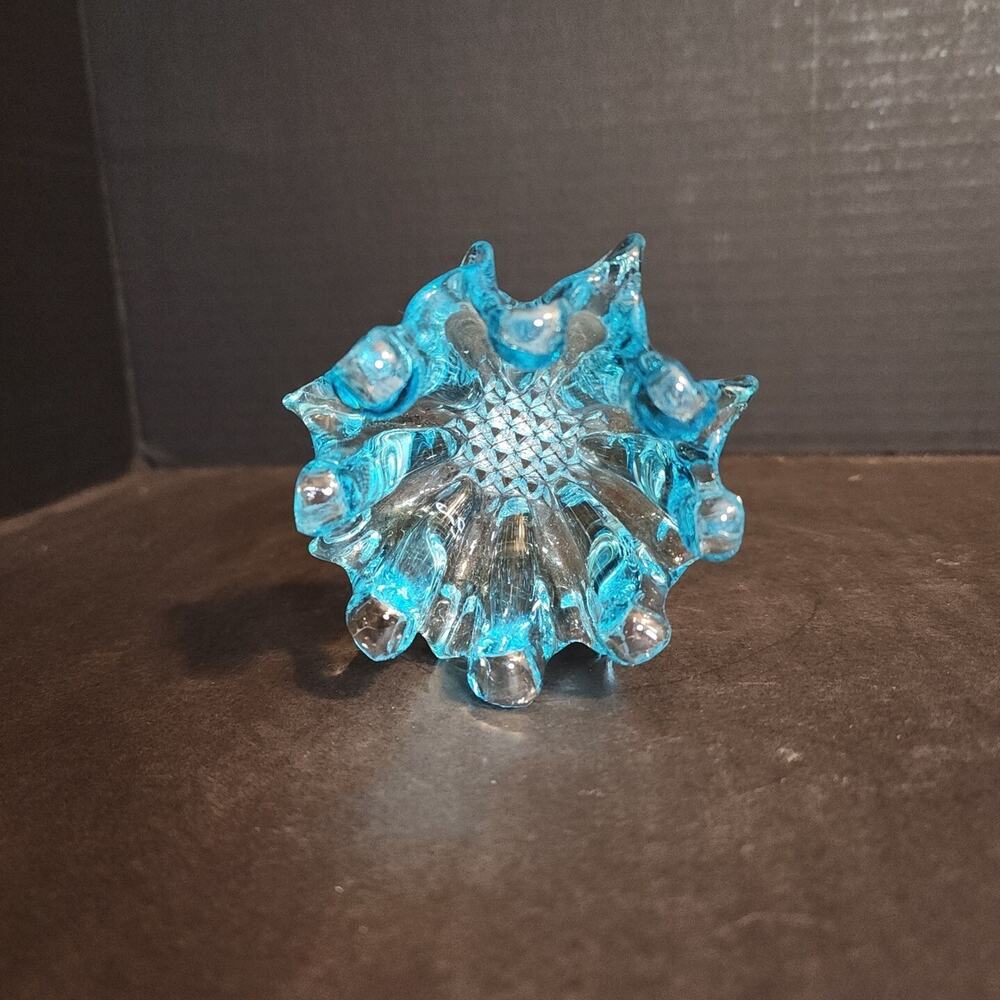 Vtg Aqua Blue Glass 8 Finger Swung Trinket Dish Hand Blown Pinched Candle Holder